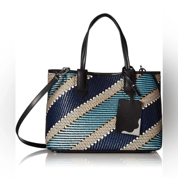 CALVIN KLEIN Jacky Raffia Straw Slouchy Tote Blue Gold Multi Bag AUTHENTIC NWT